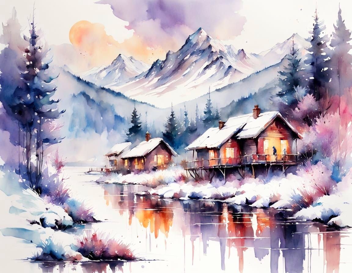 Twilight Alpine Village in Watercolor Style