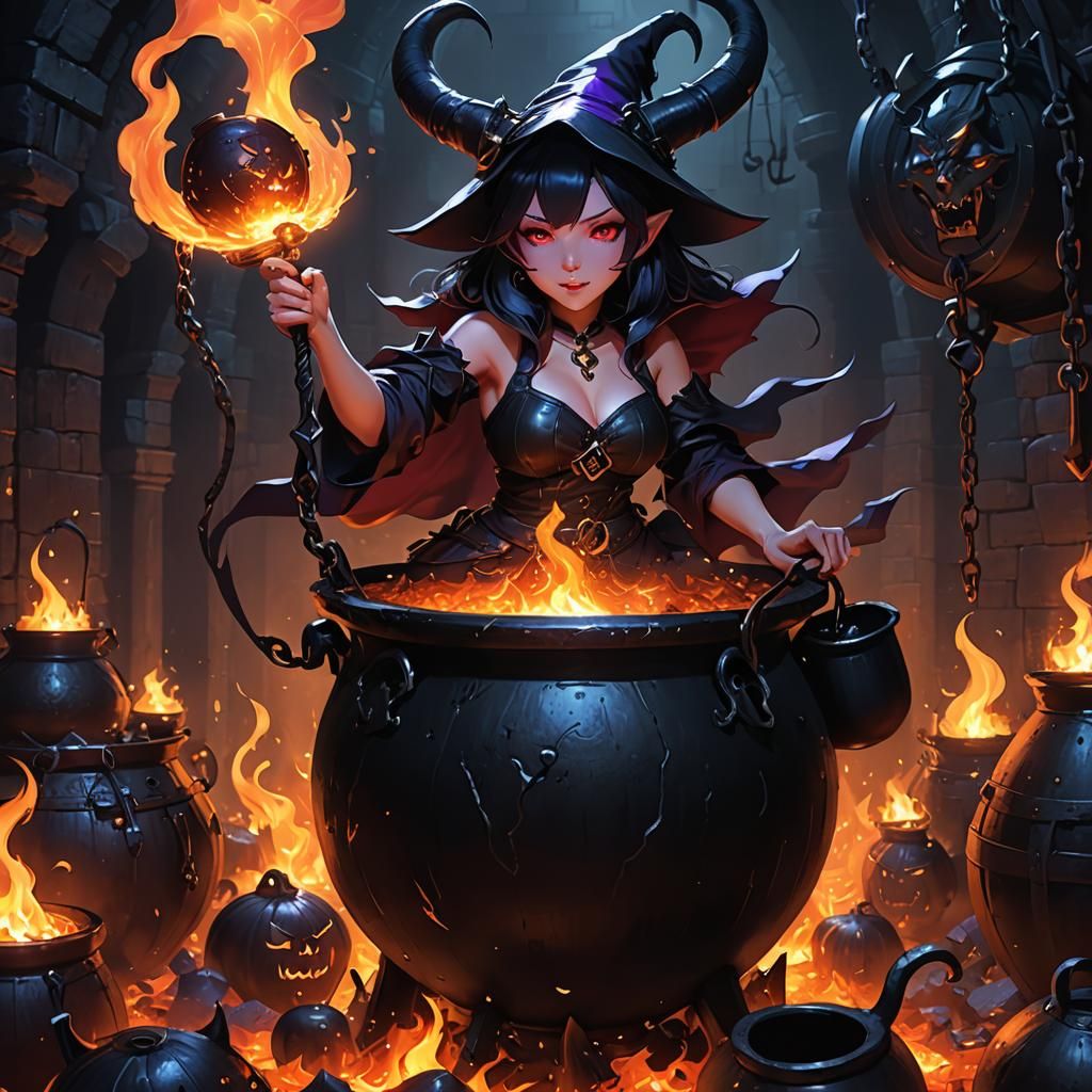 Demon Witch Stirring Cauldron: 3D Anime Art