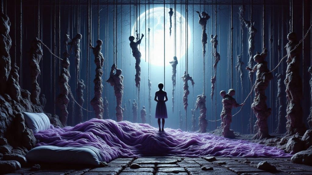 Recursion Sleep: Surreal Dreamscape in Moonlit Bedroom