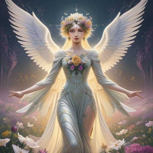 Surreal Angel Emerges from Vibrant Floral Wonderland in Digi...