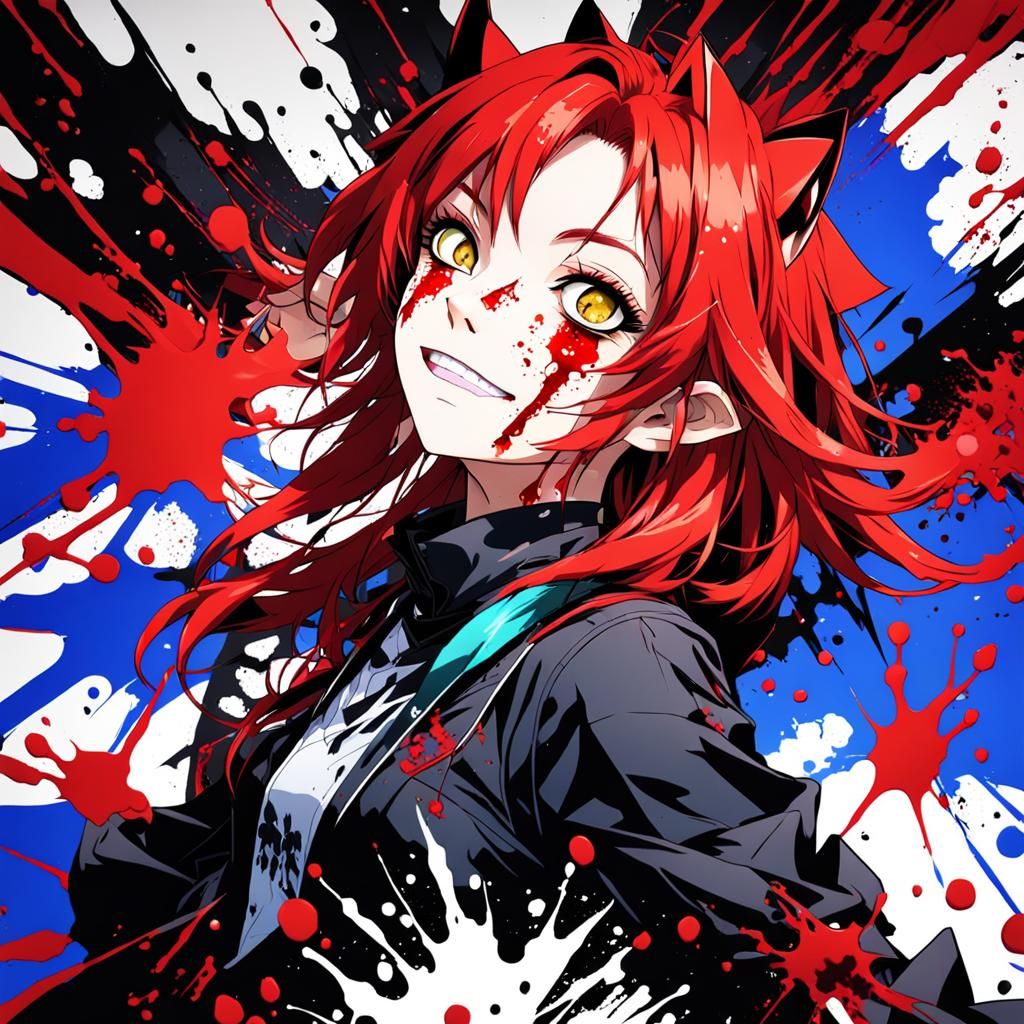 Devious Red Haired Anime Catgirl in High Contrast Manga Ink....
