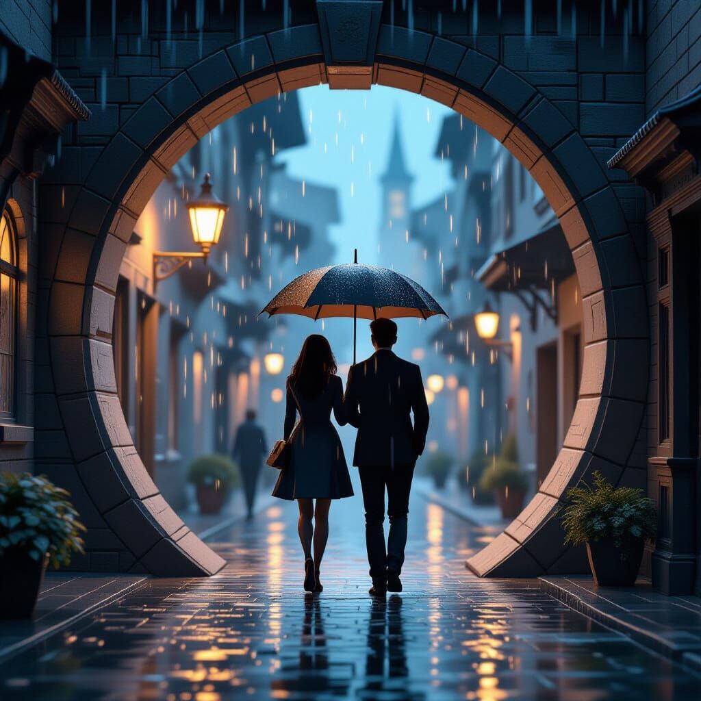 Couple Under Umbrella in Romantic City Rain