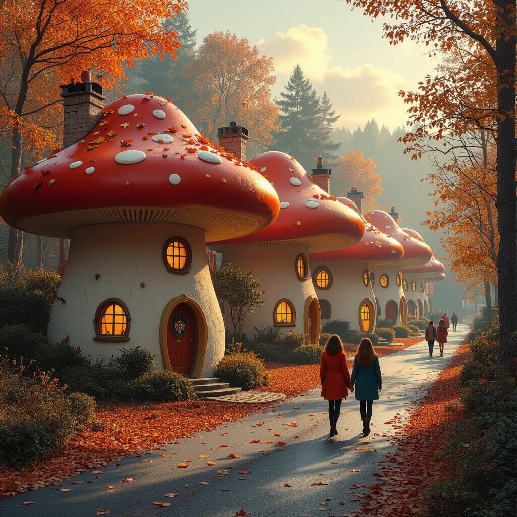 Mushroom House Town in Autumn, Photorealistic 80s Style