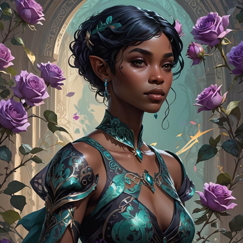 Elegant Black Elf Portrait in Art Nouveau Style