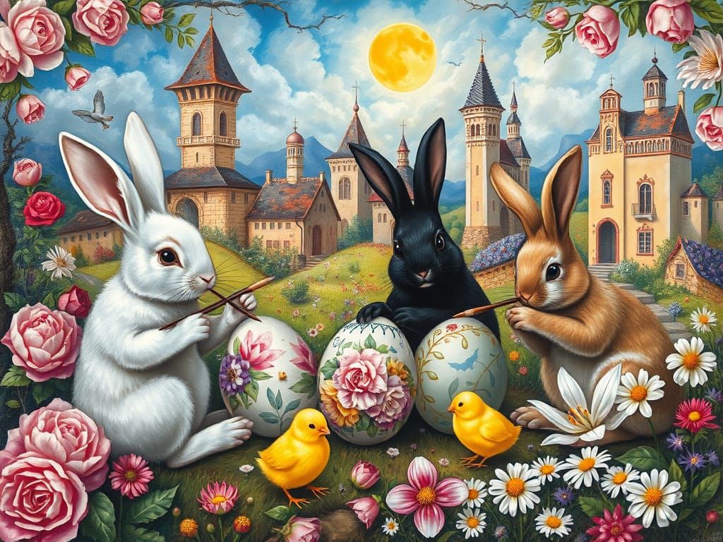 Magical Easter Landscape with Bunnies in Renaissance Style