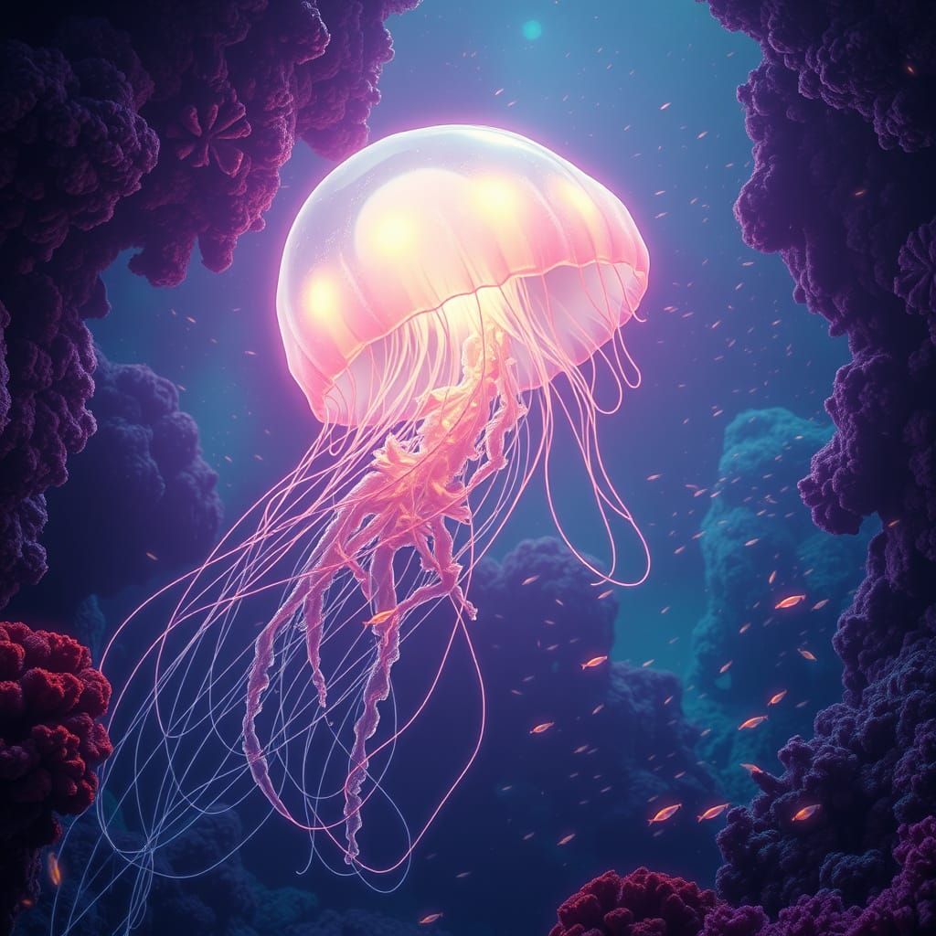 Bioluminescent Jellyfish Drifting Through Alien Coral Reef
