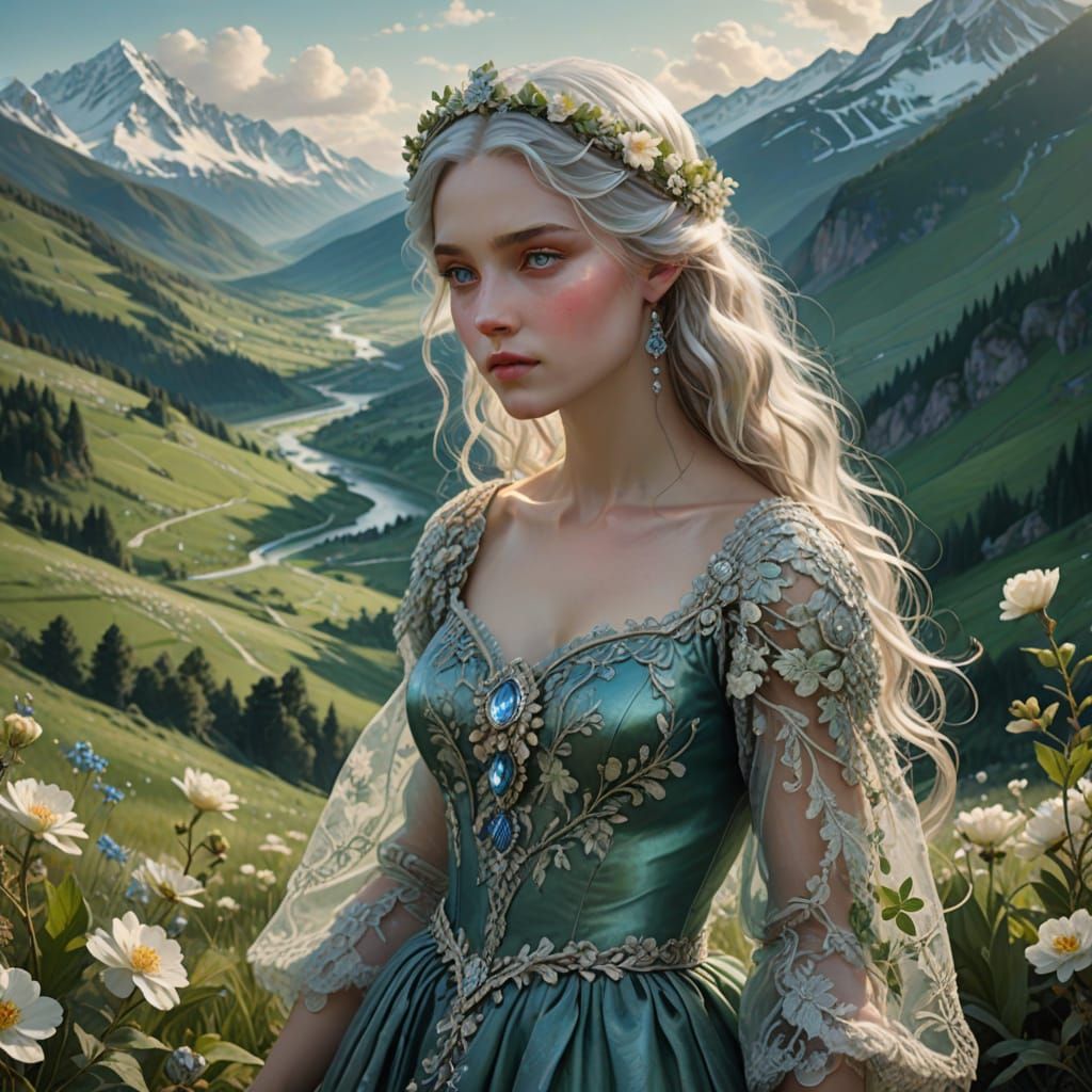 Ethereal Woman in Mountain Landscape, Baroque Fantasy Art