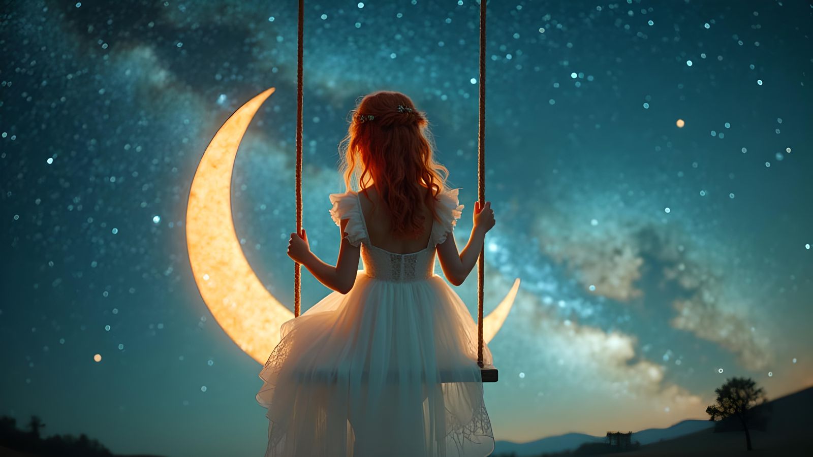 Girl on Moon Swing in Dreamy Starry Night