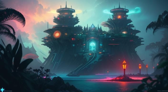 Tropical Cyberpunk Fortress on Bioluminescent Beach