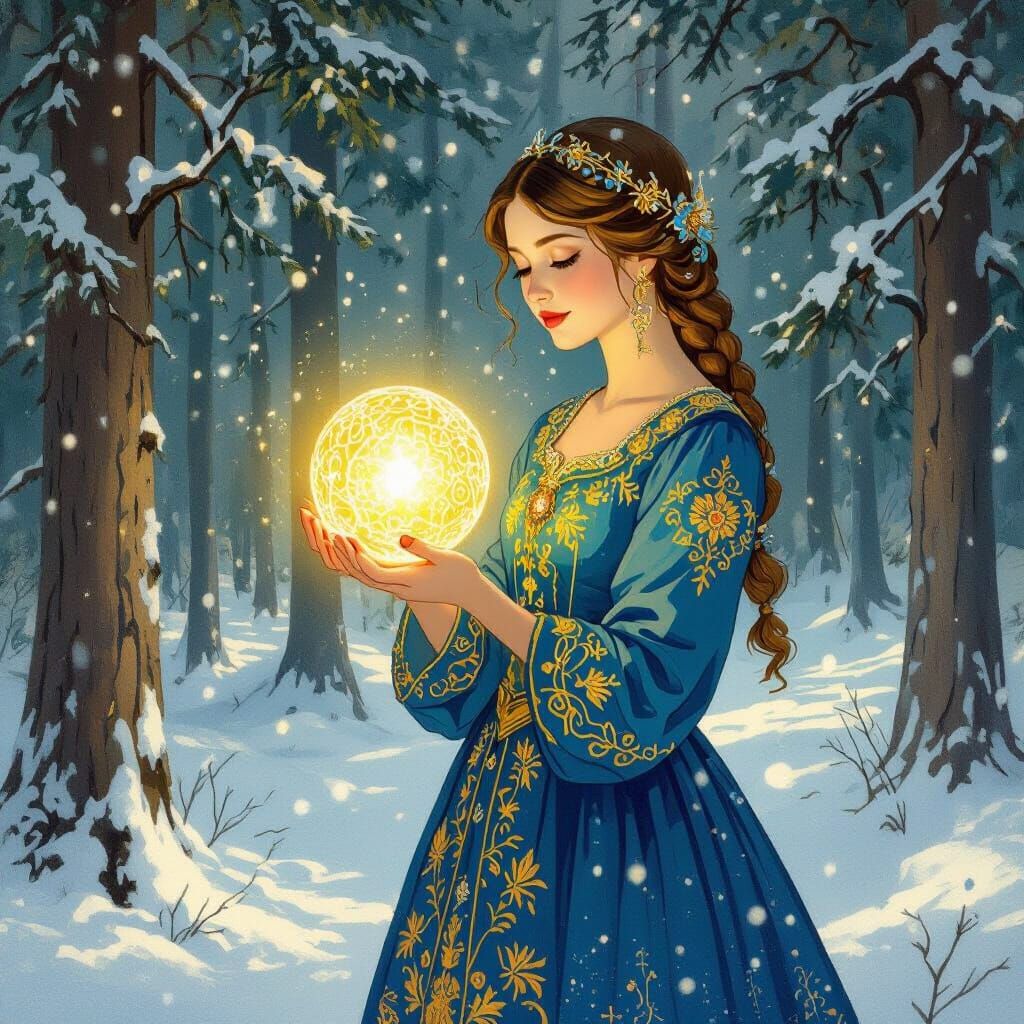 Enchanting Forest Scene with Woman Holding Glowing Orb