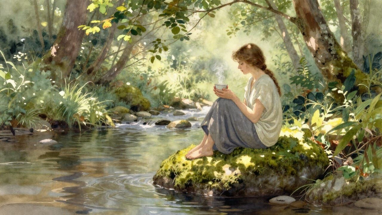 Peaceful Woman by Forest Stream in Watercolor Style