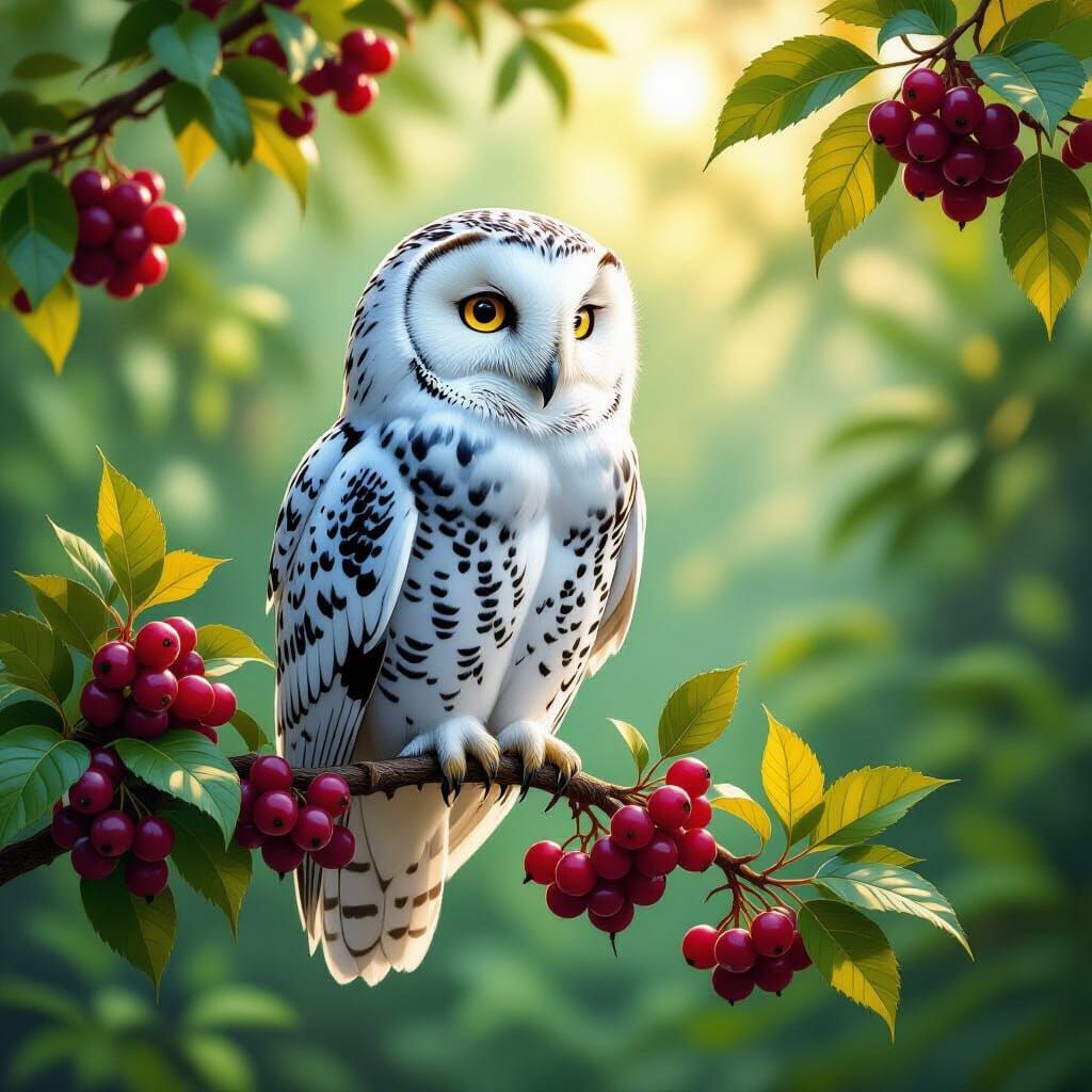 Majestic Snowy Owl on Berry Branch in Tropical Rainforest