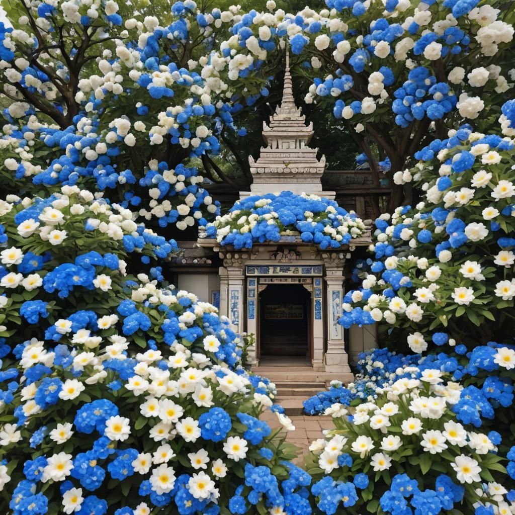 Temple Overflowing with Blue and White Flowers