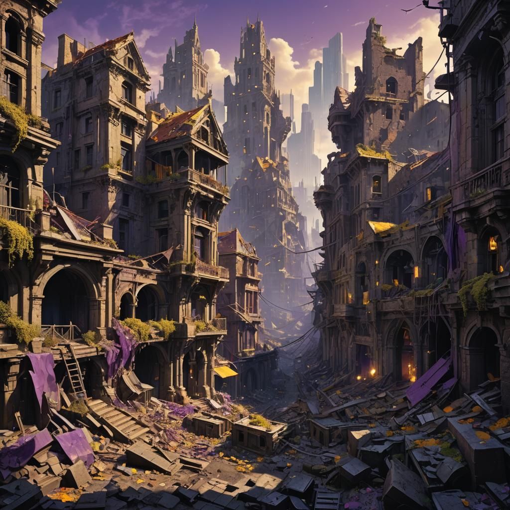 Ruined Futuristic City in Dark Fantasy Style