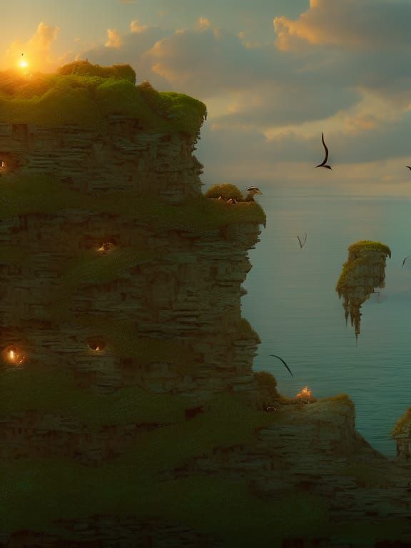 Masked Boobies Nesting at Sunset: Digital Matte Painting