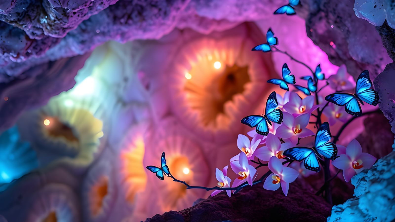 Bioluminescent Orchids and Butterflies in Crystal Cave