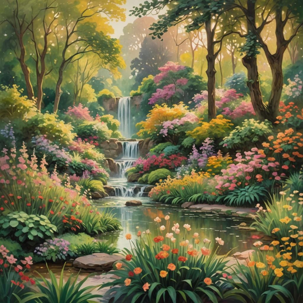 Impressionistic Garden with Waterfall in Golden Light