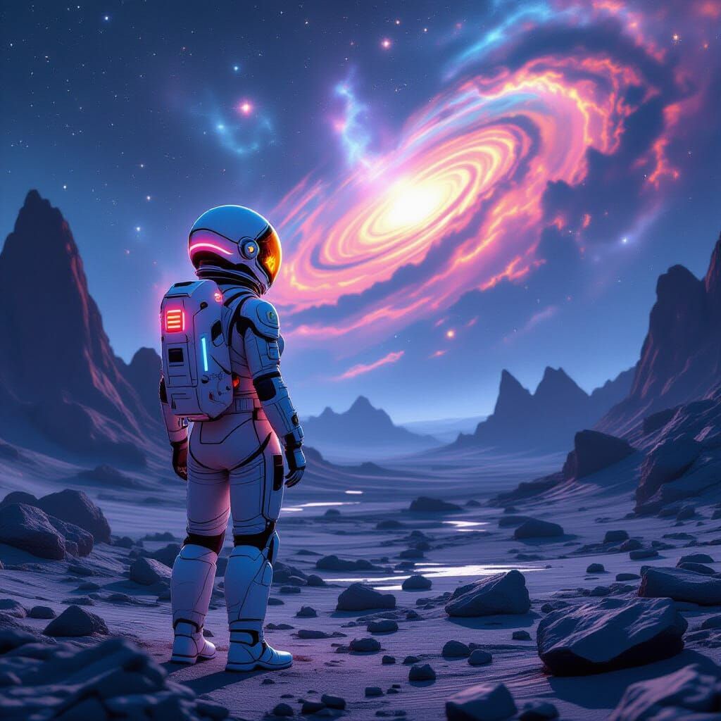 Astronaut on Alien Planet Gazing at Nebula