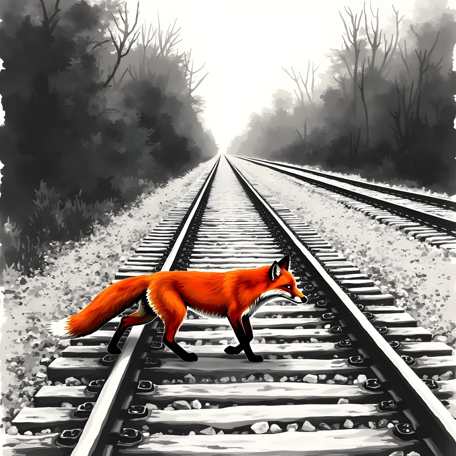 Monotype Print of Railway Tracks with Red Fox