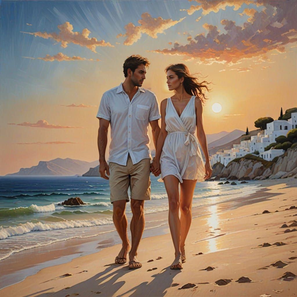 Romantic Sunset Walk on Greek Island, Impressionistic Style