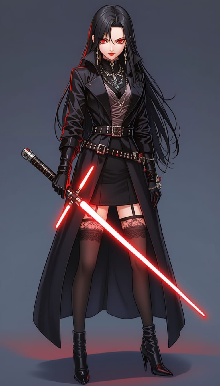 Anime Girl with Black Hair and Red Eyes in Stylish Outfit