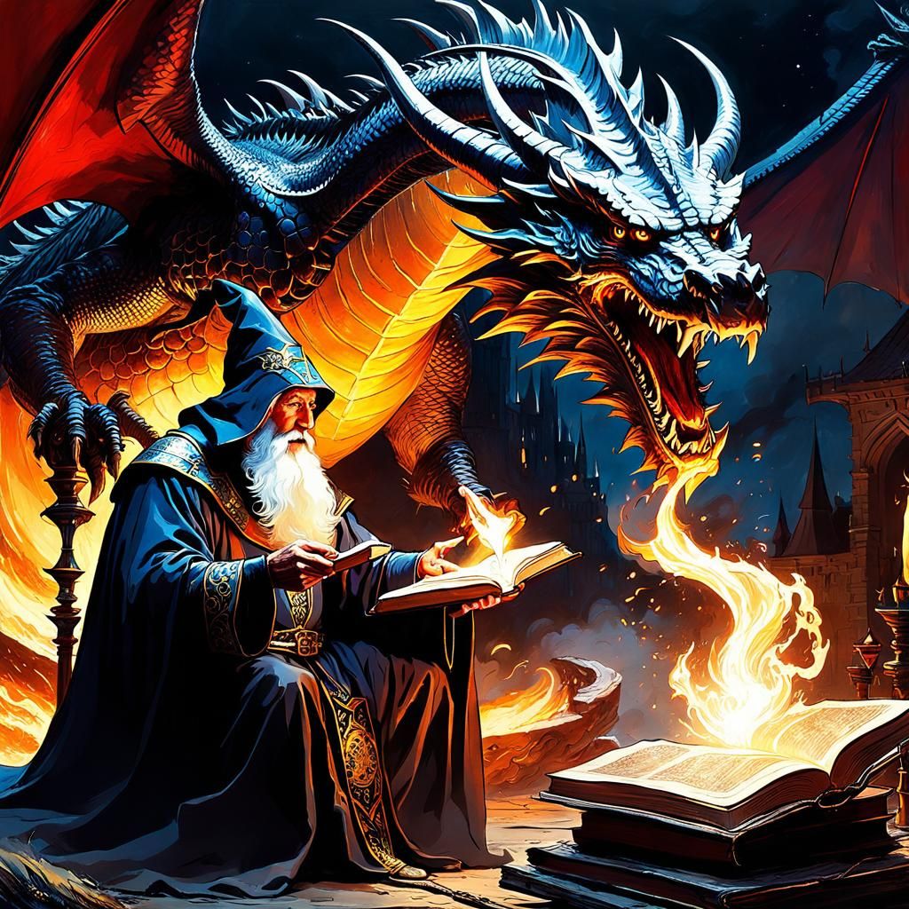 Medieval Wizard Conjuring Dragon Spell: Fantasycore Art
