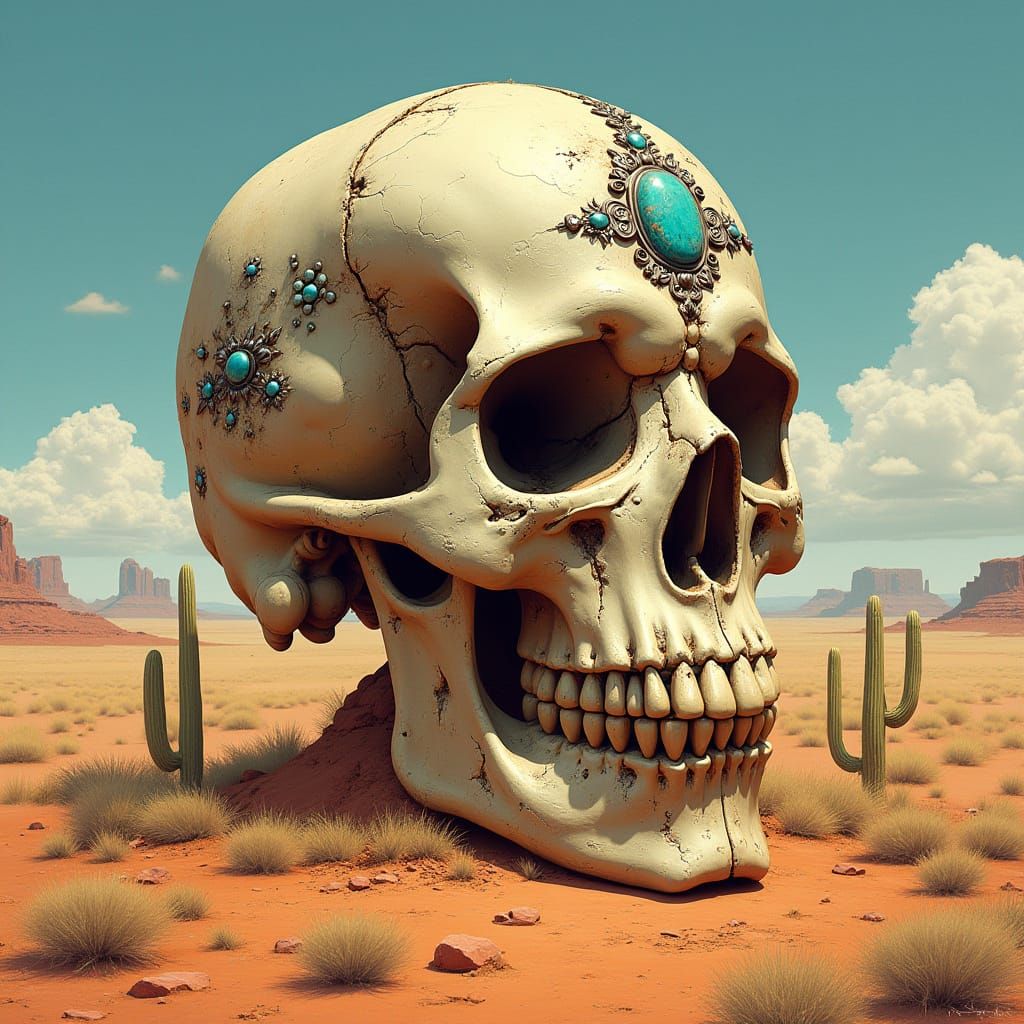 Weathered Skull Adorned with Turquoise and Silver in a Vast ...
