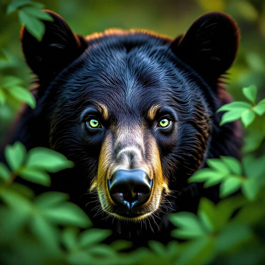 Black Bear With Jade Eyes Hidden in Foliage