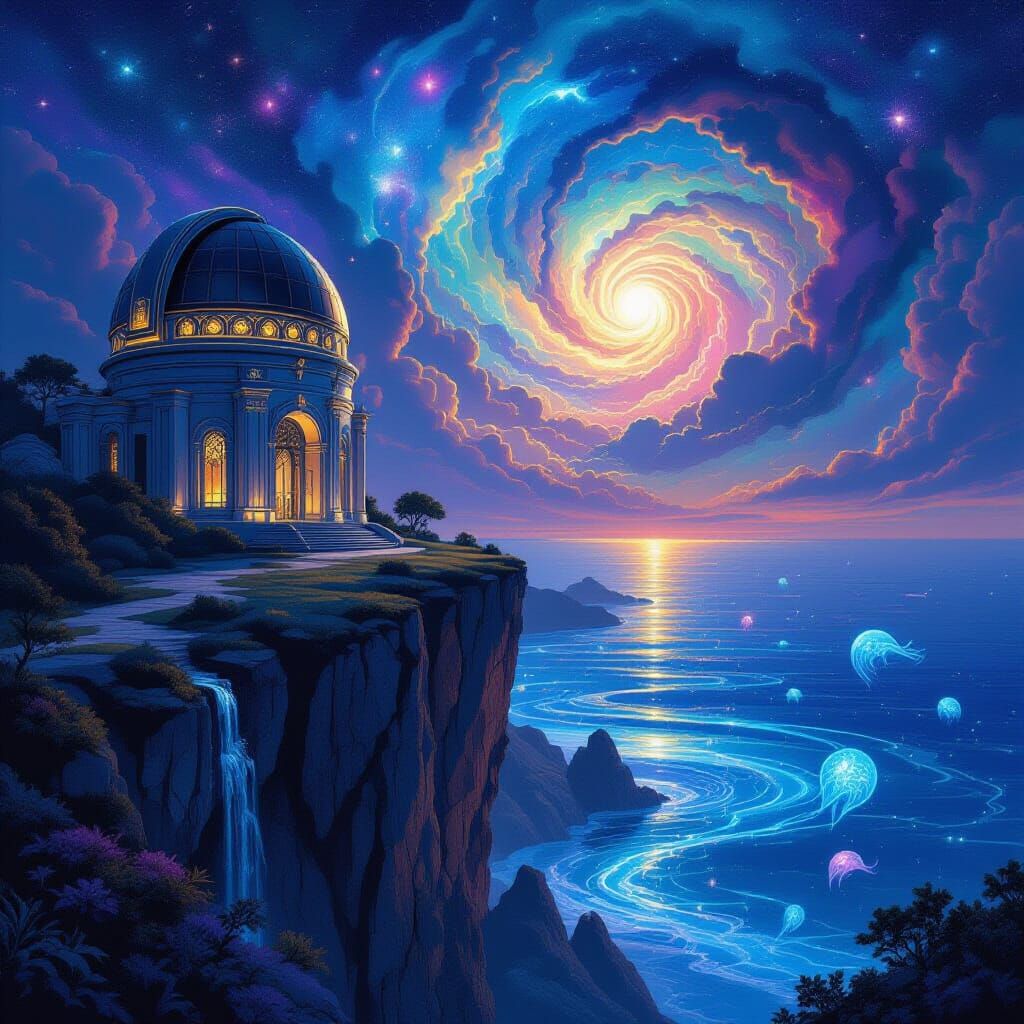 Majestic Observatory on Cliff Overlooking Bioluminescent Oce...