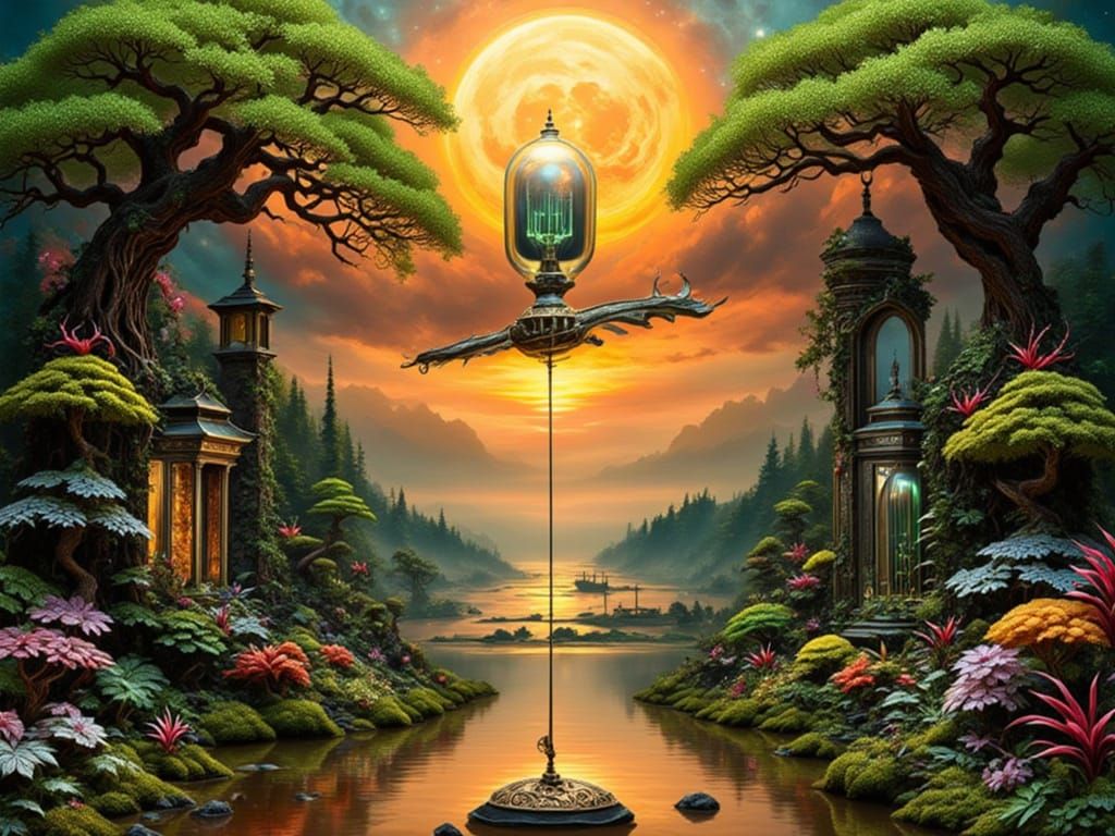 Surreal Paper Zen Garden with Heron and Waterfalls