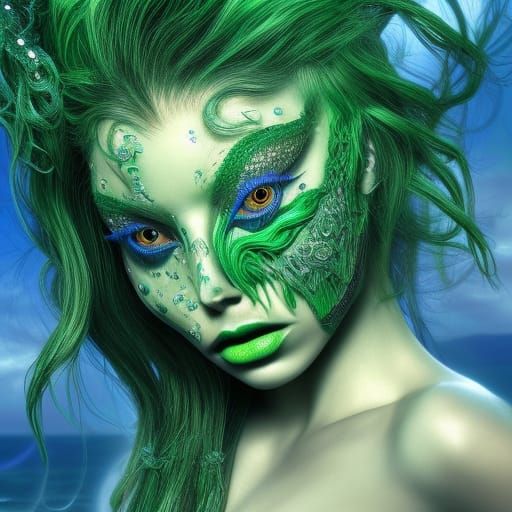 Fierce Green Mermaid Portrait in Hyperrealism