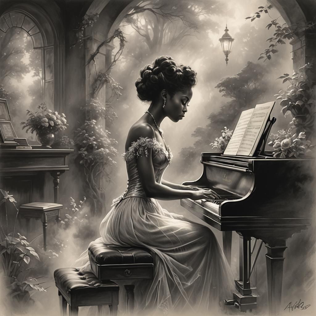 Black Woman at Piano in Ethereal Charcoal Sketch