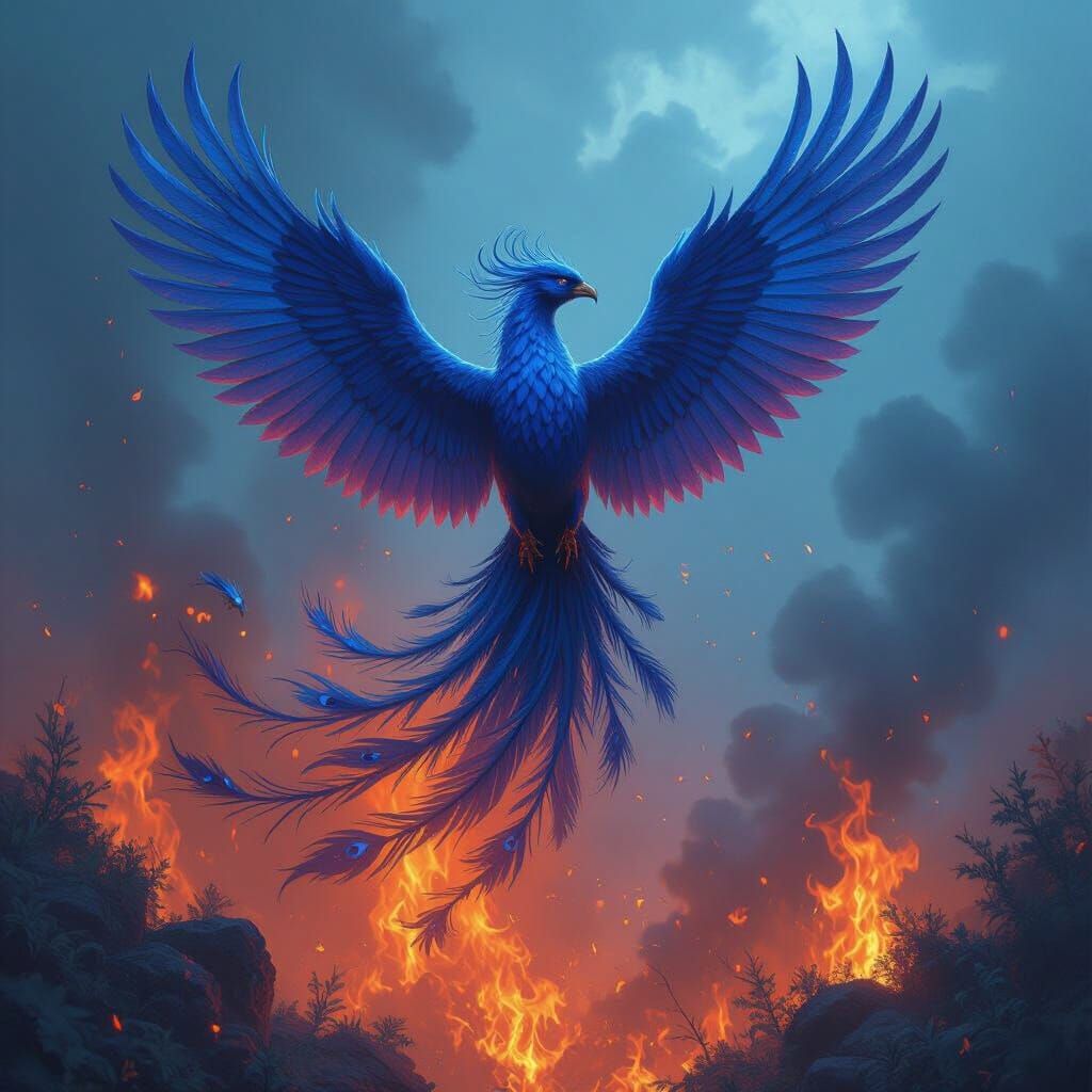 Blue and Purple Phoenix Rising from Forest Fire