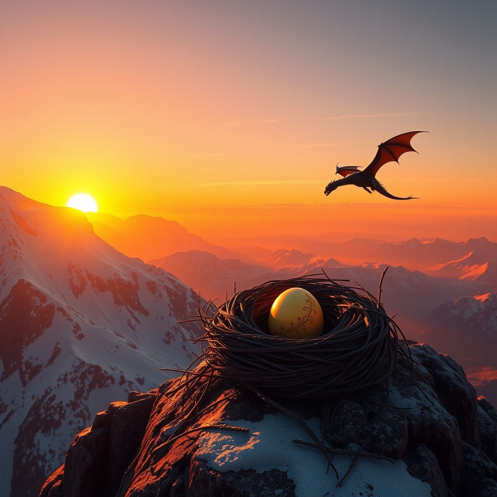Majestic Dragon Returns to Nest at Sunset