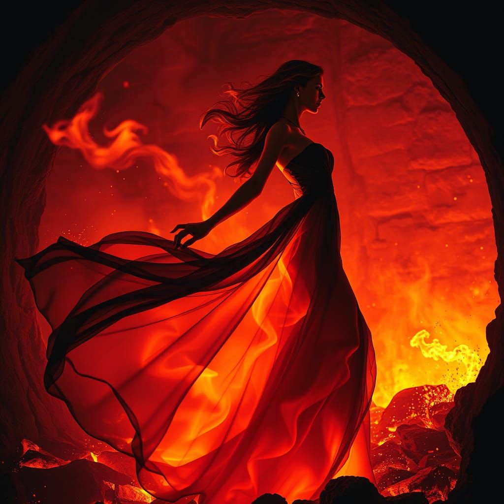 Woman Engulfed in Liquid Flame in Surreal Style