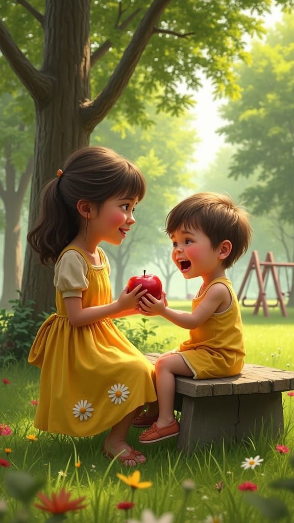 Whimsical Moment of Kindness in a Sunlit Park