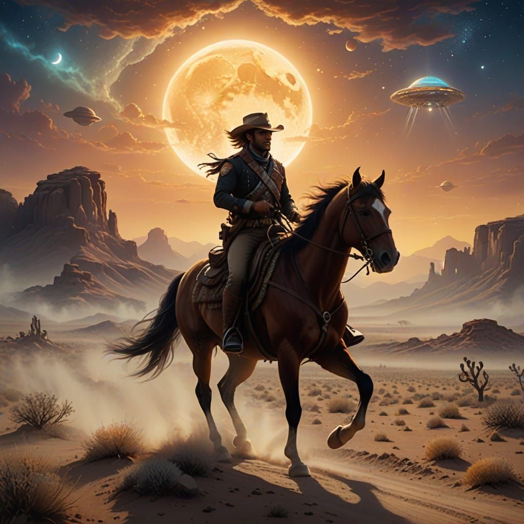 Ethereal Pony Express Rider Under Moonlit UFOs