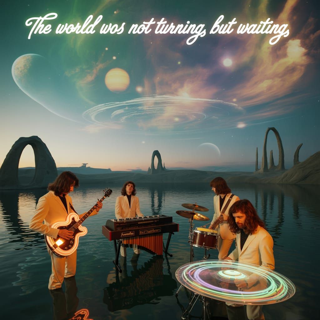 Psychedelic Rock Band in Surreal Dreamscape Photograph