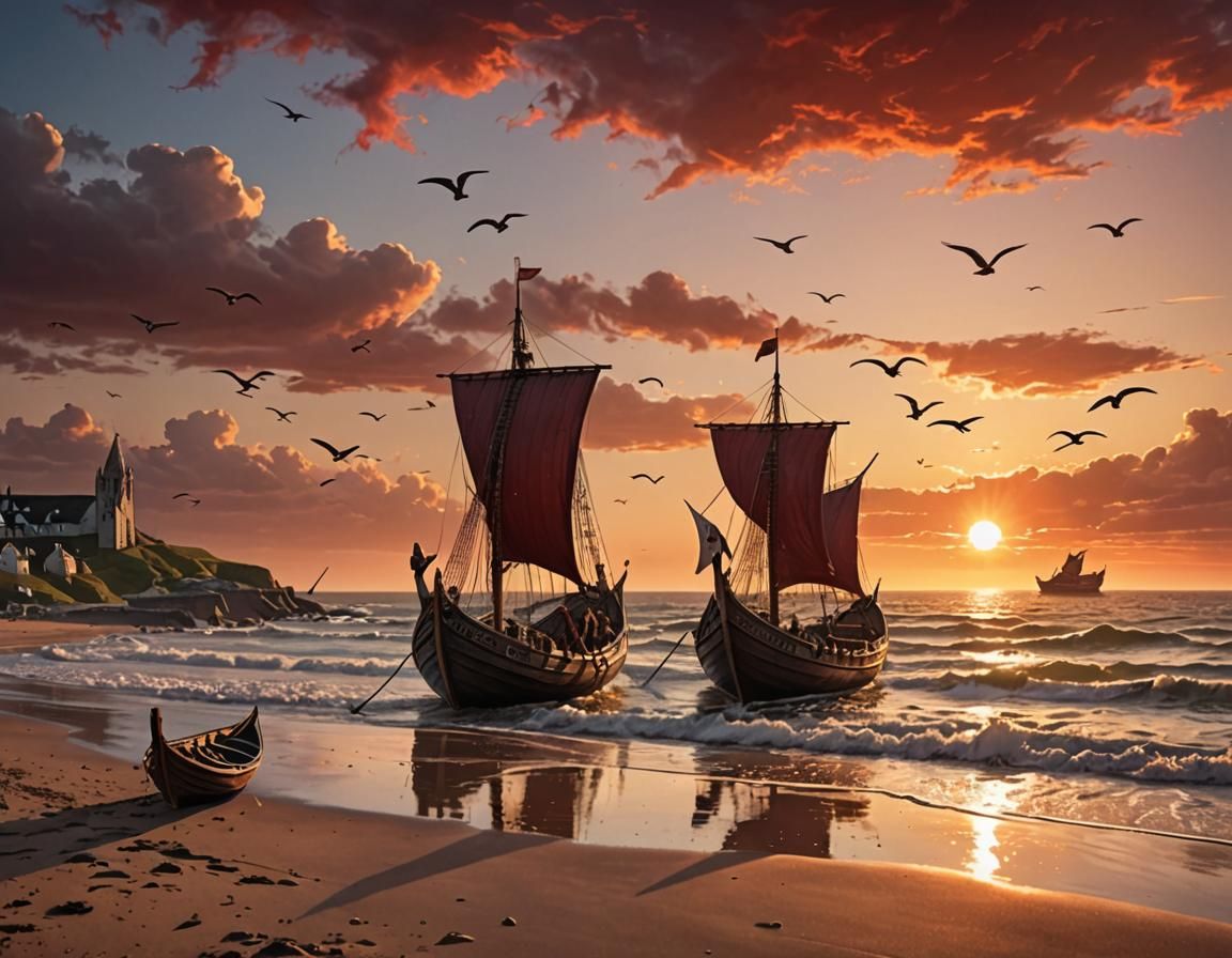 Vikings Landing at Sunset on a British Coast