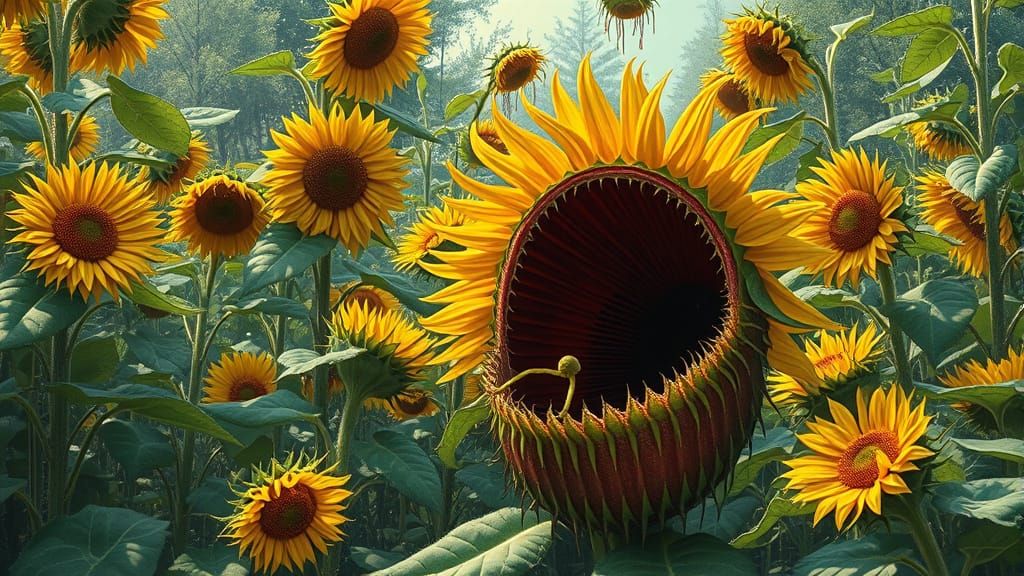 Carnivorous Sunflowers in Grotesque Garden, Photorealistic S...