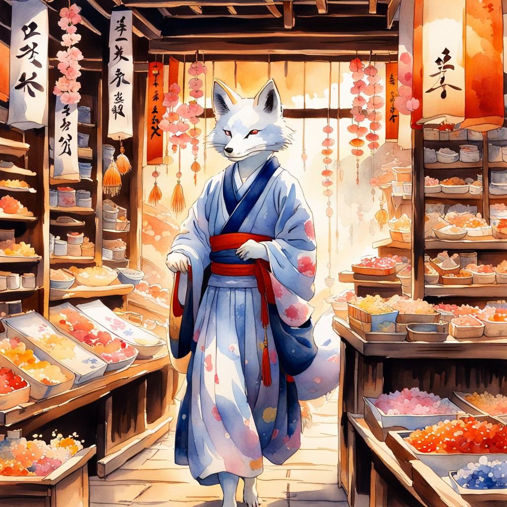 Kitsune at Market in Japanese Watercolor Style