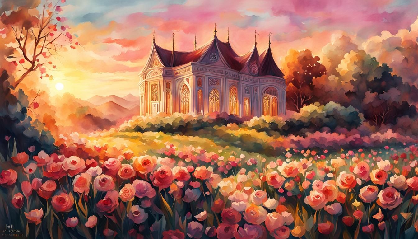 Church on Hill: Digital Watercolor in Golden Hour