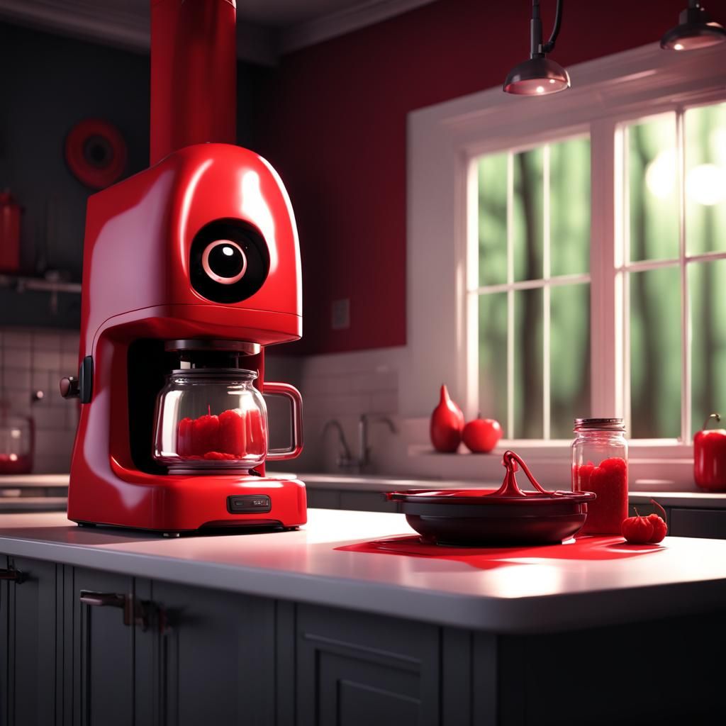 3D animated movie style, delilish  face kitchen machine whipping red fluid,  huge window, night outside, forest, dark sp...
