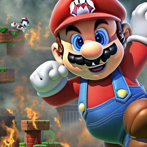 Super Mario Runs from Explosions: Hyperrealistic Photo
