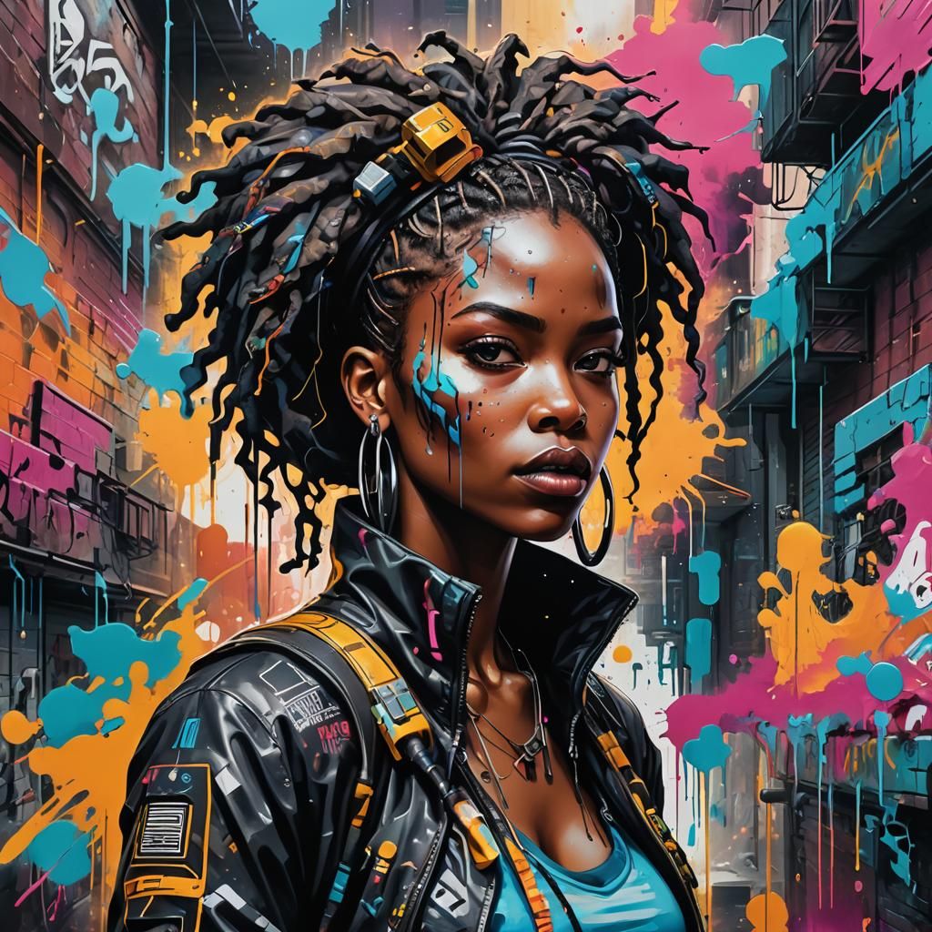 Bohemian Cyberpunk Woman in Graffiti Art Style