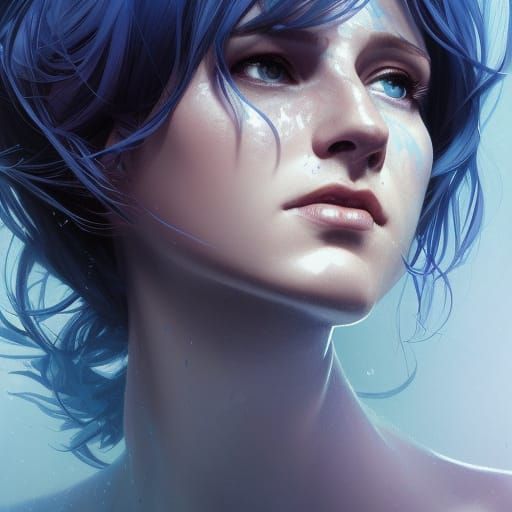 Misty Feminine Portrait in Azure and Indigo