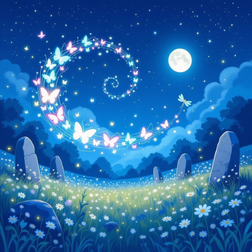 Enchanted Meadow with Bioluminescent Butterflies and Dragonf...