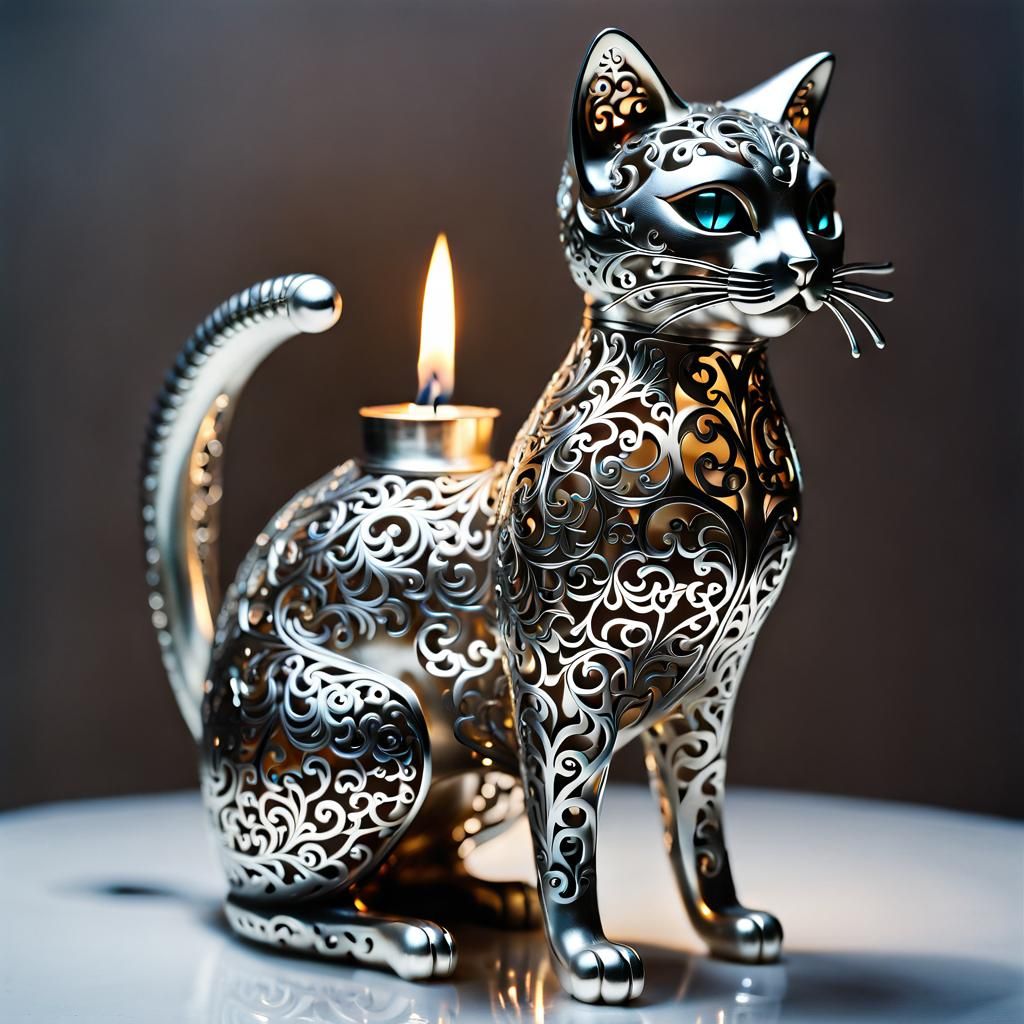 Intricate Ferrofluid Cat Statue with Candlelight