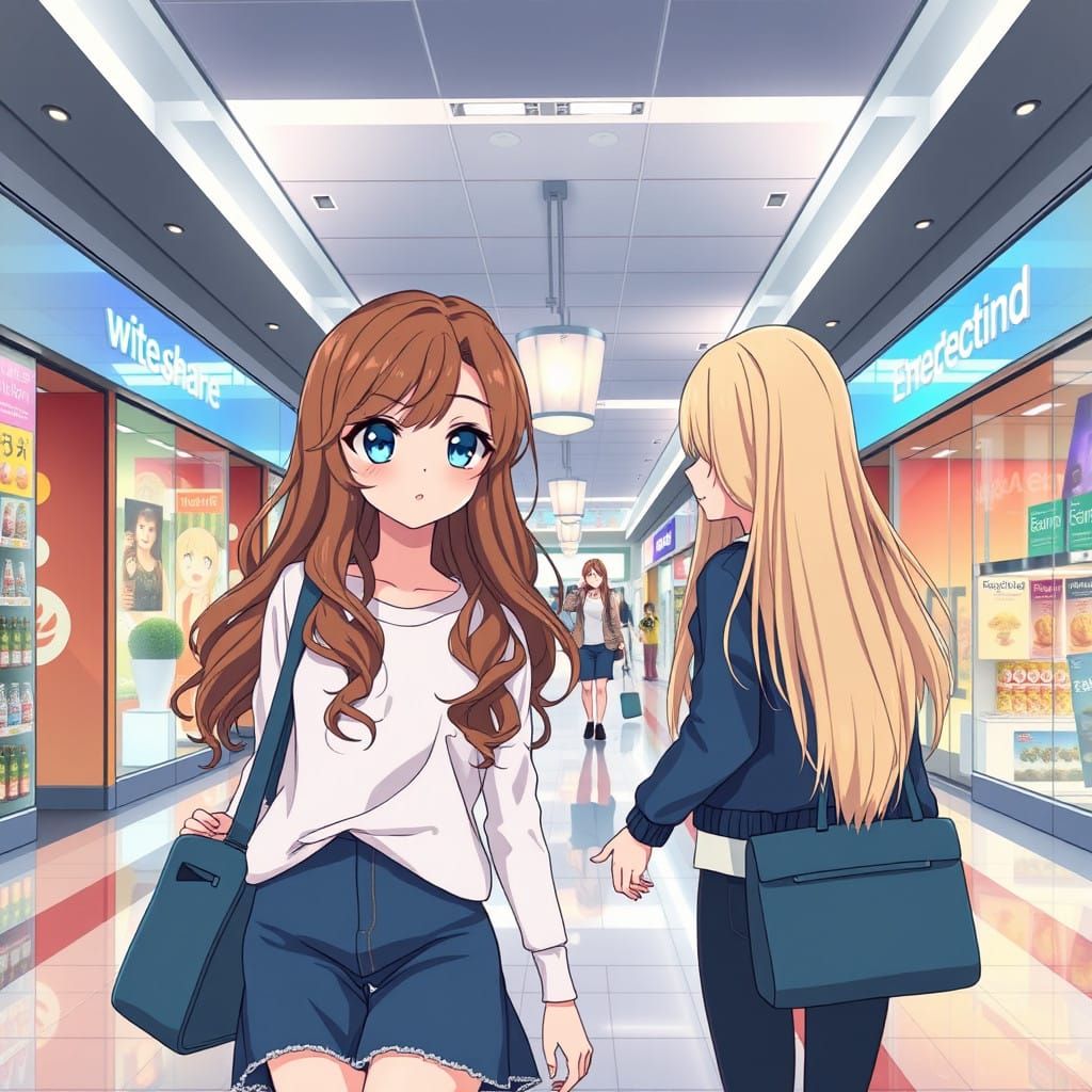 Chibi Anime Girls Stroll Through a Bustling Mall
