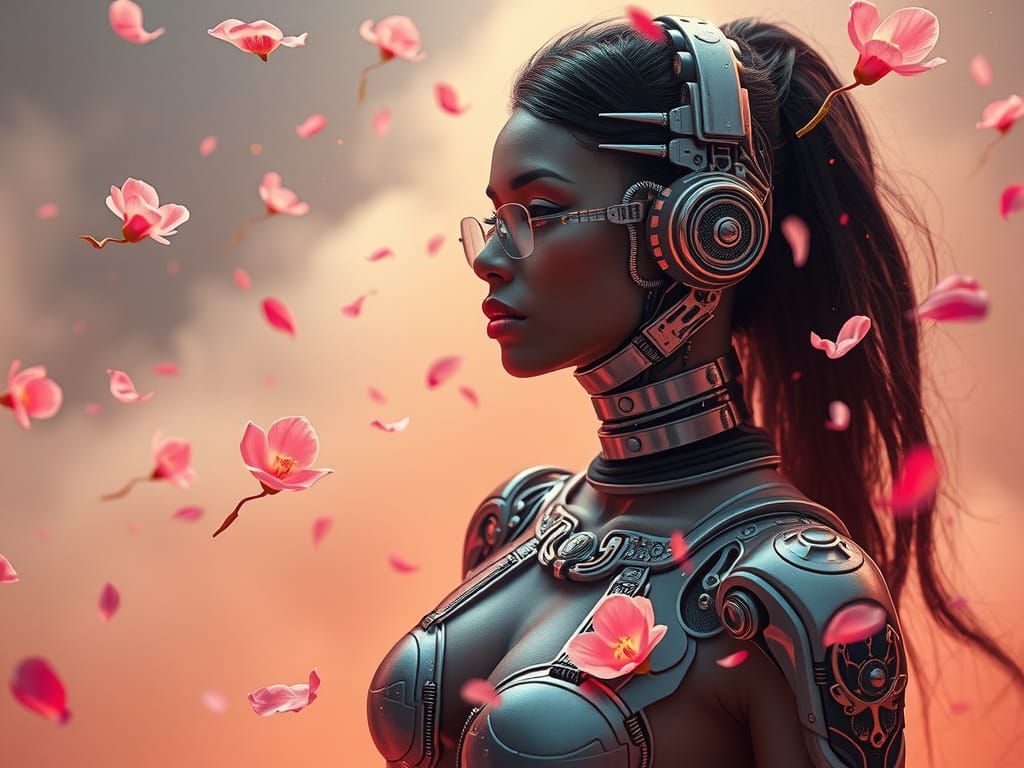 Cybernetic Woman in Glowing Sandstorm with Luminous Flowers